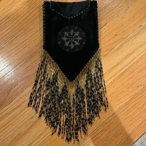 Vintage beaded fringe shoulder bag black velvet